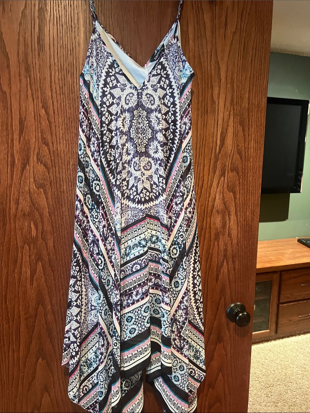 Boho V-Neck Spaghetti Strap Maxi Dress in Navy and Light Blue